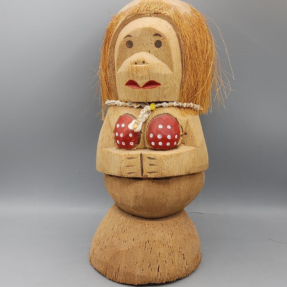 Carved Coconut Hula Dancer Shell Necklace Grass No Skirt 22” Tall Tiki Bar Decor